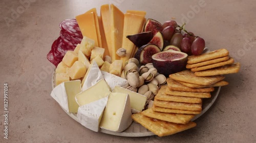 cheese set fruits and nuts on plate food zoom