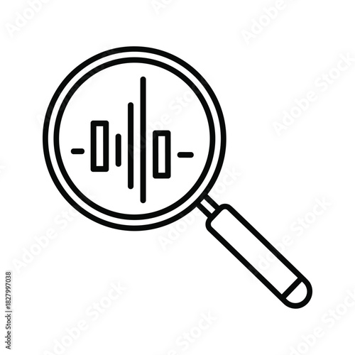 Magnifying glass over audio waveform icon for sound analysis or music research isolated on
