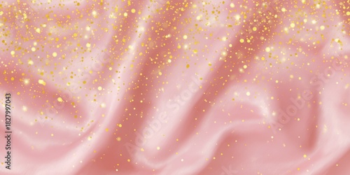 Luxurious festive background with golden confetti and shimmering lights over soft pink velvet drapery. Perfect for Christmas, New Year, or elegant beauty and fashion design.
