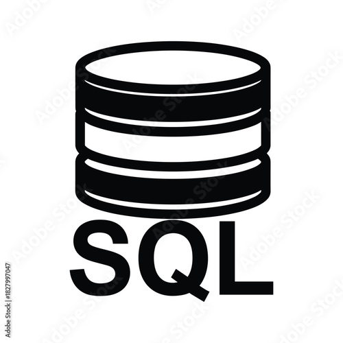 Black and white icon representing a database with sql text isolated on