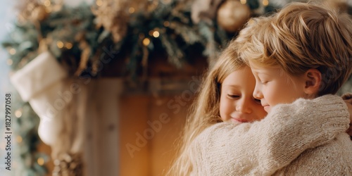 Two children hugging warmly in front of a beautifully decorated Christmas fireplace and tree. The cozy sweaters, golden ornaments, and soft lighting create a tender, inclusive holiday atmosphere.