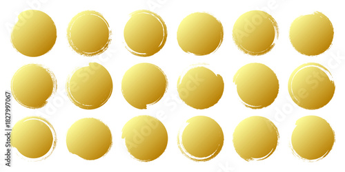 Golden grunge circles, brush strokes, lines, ink smudges, hand-drawn scribble shapes. Handmade sketchy marks, acrylic stains, charcoal streaks. Paint textures, dry brush effect. Vector illustration