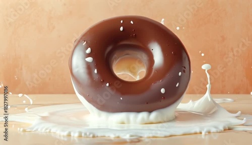 Chocolate Donut with Milk Splash, Energetic Dessert Scene, created with generative ai