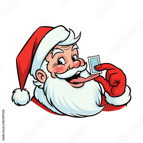 Vintage Santa Claus Licking Postage Stamp Vector Illustration