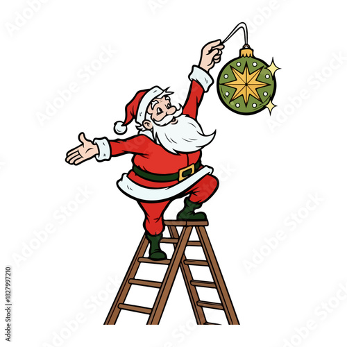 Retro Santa Claus Decorating Vector Illustration