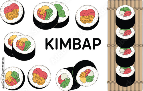 Korean Kimbap (Gimbap) Sushi Roll Vector Illustration Set Featuring Various Fillings, Nori Seaweed, and Traditional Bamboo Rolling Mat.