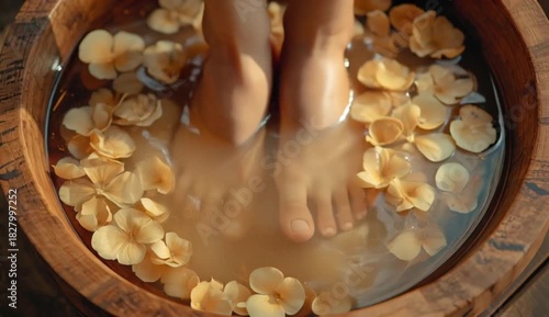 A pair of bare feet resting in a wooden basin filled with warm water, surrounded by floating flower petals in shades of yellow and orange, created with generative ai