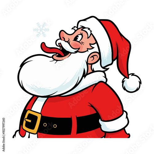 Cheerful Santa Claus Catching Snowflake, Retro Cartoon Illustration