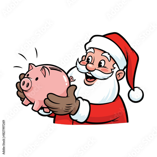Vintage Santa Claus Shaking Piggy Bank Vector Illustration