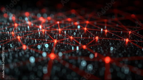 Networked Nexus: a close-up perspective of a complex network illuminated with glowing red nodes and interconnected lines against a dark backdrop, conveying concepts of data, connectivity.