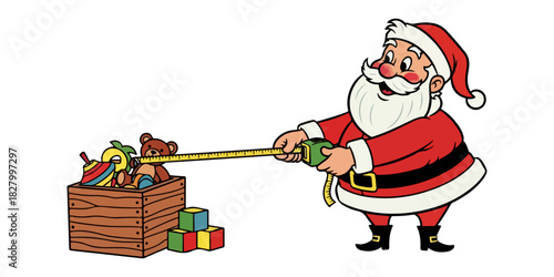 Vintage Santa Claus Measuring Toy Box with Tape Measure - Retro Cartoon Illustration