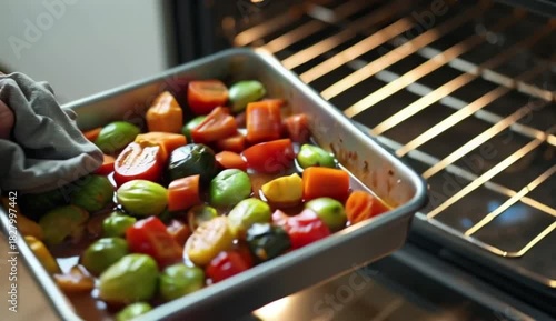 A hand holding a gray kitchen towel, removing a tray of roasted vegetables from an oven, created with generative ai