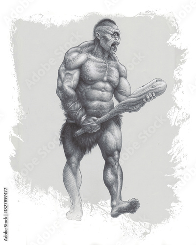 Tableau sur toile Illustration of Cyclops holding a club, ready to attack, Mythology, Fantasy Art