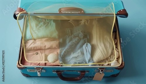 A blue suitcase is partially open, revealing a cozy assortment of holiday clothing and accessories, created with generative ai