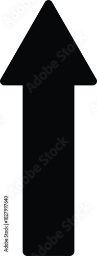 Up arrow icon in black silhouette. Minimalist directional symbol for user interface, map navigation, infographics, or signage design.	