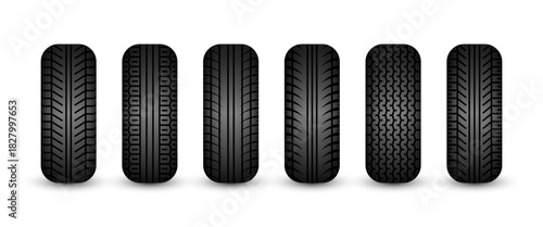 Rubber tires silhouettes. Car, truck, and motorcycle wheels, tread pattern designs. Perfect for automotive, racing, and motorsport themes, repair service and transport industry. Vector illustration