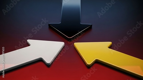 Three arrows converging on a dark red surface direction focus