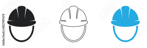 Safety first with construction hard hat icons for your project safety awareness campaign or engineering presentation, featuring black, outline, and blue styles