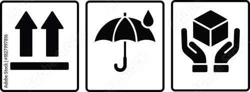 Essential package handling symbols: up, keep dry, handle with care icons.