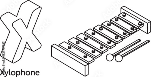 Letter X and Xylophone Outline Illustration alphabet