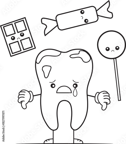 Sad cartoon tooth surrounded by candy and chocolate