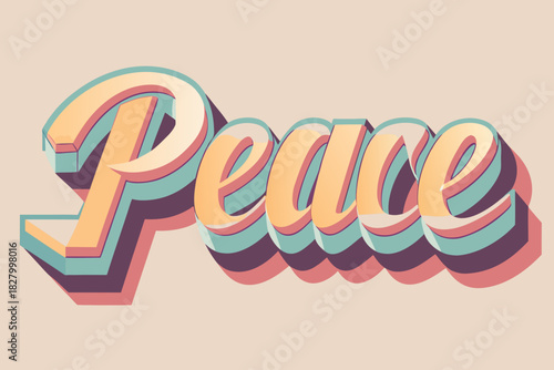 Peace text art with retro 3d effect and pastel colors on a light beige background in a vintage style