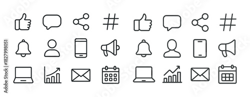 Social media line icons: thumbs up, hashtags, alerts, and analytics