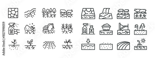Agriculture and farming line icons: soil, plants, equipment, irrigation, and harvest