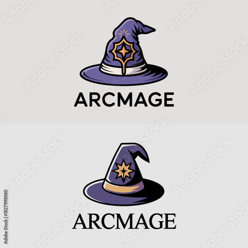 Arcmage wizard hat logo with star sigil and crescent brim, magical fantasy emblem in purple and gold, charming RPG sorcery vector mark for gaming branding