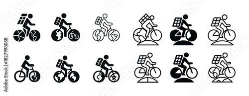 Eco-friendly solar panel bicycle icons with globes and wheels