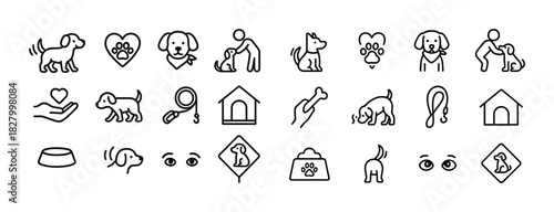 Dog and pet icons: bowls, paws, houses, bones, canines, care