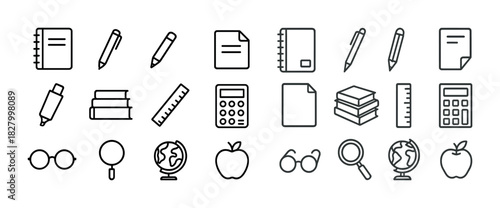Collection of school and office supplies icons in line art