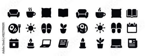 Set of minimalist icons: furniture, plants, books, sun, electronics