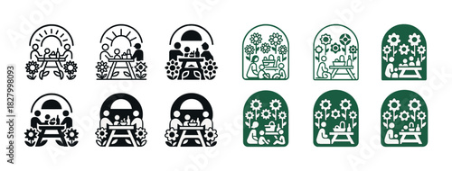 Garden picnic icons with sunflowers and trees in black and green variants