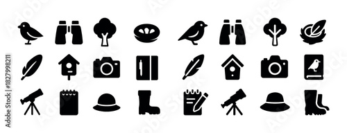 Birdwatching icons: binoculars, camera, nest, birdhouse, telescope, boots