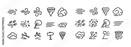 Vector set of wind and weather icons featuring tornado, clouds, and trees