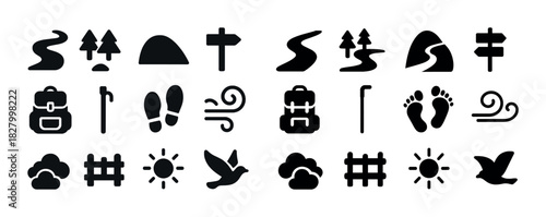 Outdoor adventure icons: trails, backpacking, nature, hiking, wind, bird, sun, clouds