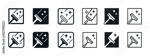 Window cleaning icons set: various squeegee designs in black and white