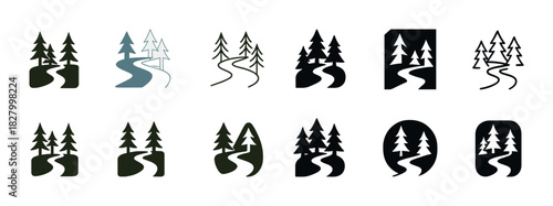 Stylized tree and pathway icons in various silhouettes and colors