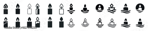 Various candle icon set with flame and water elements in black and white