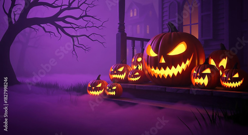Spooky Halloween Night: Jack-o'-Lanterns on a Haunted House Porch