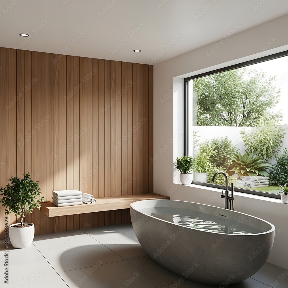 Fototapeta premium Illustration of stylish bathroom with freestanding tub, wood paneling, and natural light