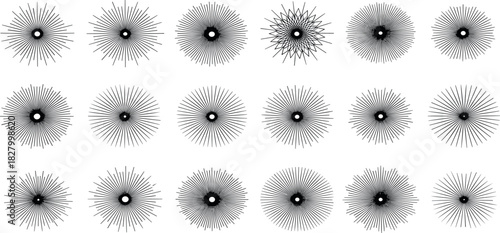 Dynamic collection of abstract geometric radial patterns and intricate sunburst designs, perfect for contemporary graphic concepts and versatile visual applications