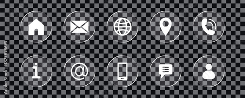 Liquid Glass Vector Contact Icons Set with Home, Email, Location, and More