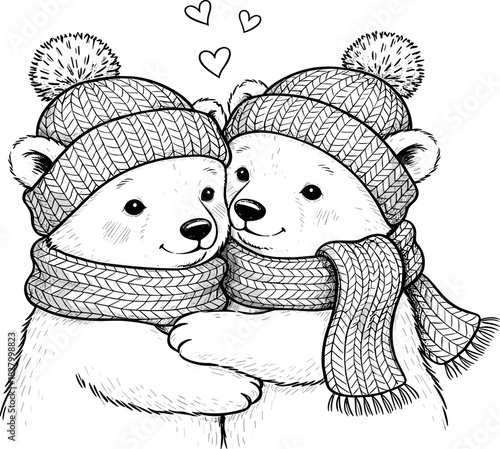 Adorable illustration of two polar bears in knitted hats and scarves hugging each other with hearts above their heads