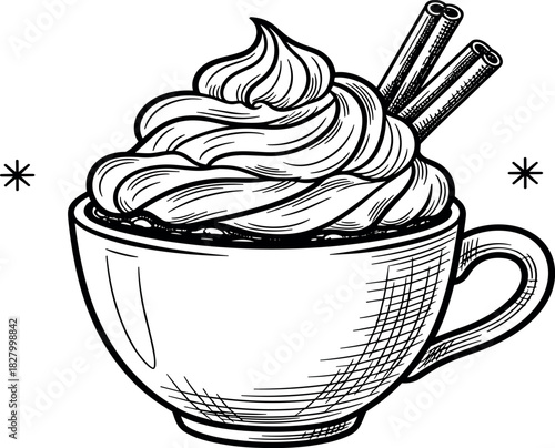 A vintage hand-drawn sketch of a cozy winter mug of coffee, topped with a generous swirl of whipped cream and cinnamon sticks