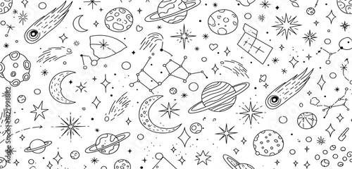 Monochrome cosmic doodle pattern featuring celestial elements like planets, constellations, and meteors in a seamless hand-drawn line art design