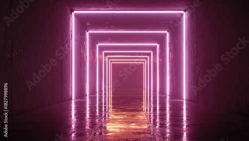 Fototapeta Naklejka Na Ścianę i Meble -  A tunnel receding into the distance, highlighted by neon light squares in shades of pink & orange