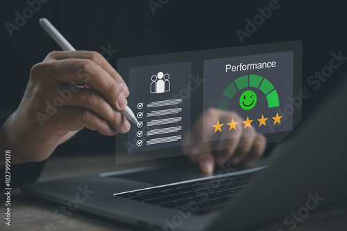 A digital evaluation panel showing checklist items and a performance rating scale as a user interacts with a stylus, representing assessment, productivity improvement, and modern business performance 