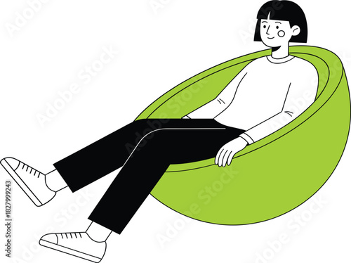 Minimalist black and white vector illustration of a young, relaxed woman sitting comfortably in a vibrant lime green, oversized beanbag chair, symbolizing relaxation and modern office leisure.